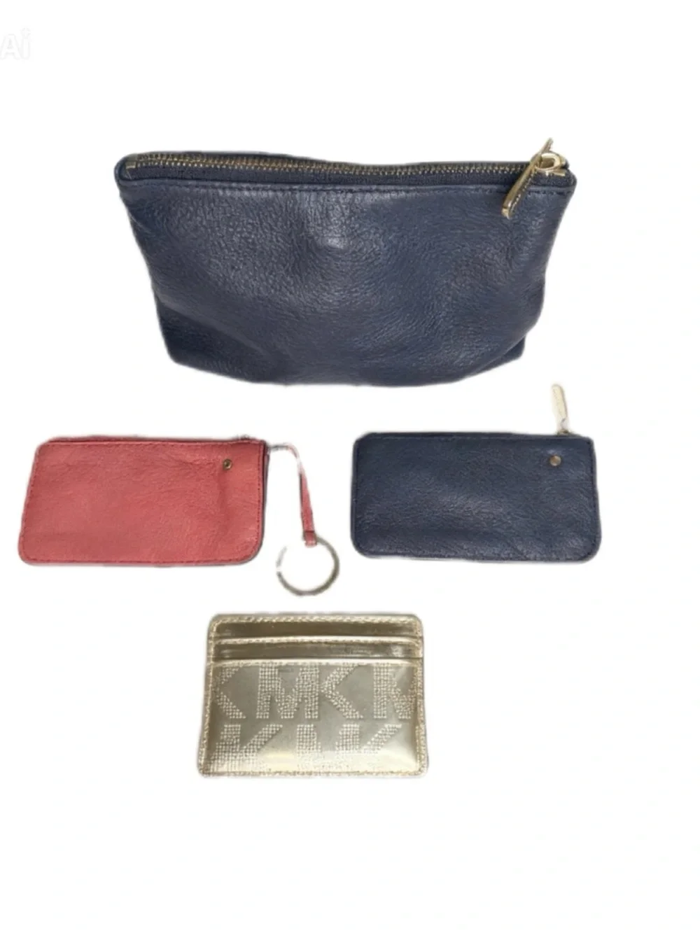 Michael Kors Wallet & Pouch Bundle – 4 Pieces Navy/Coral/Gold Leather